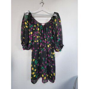 Parker Womens Black Floral Print Cold Shoulder Chiffon Tunic Top Medium Casual
